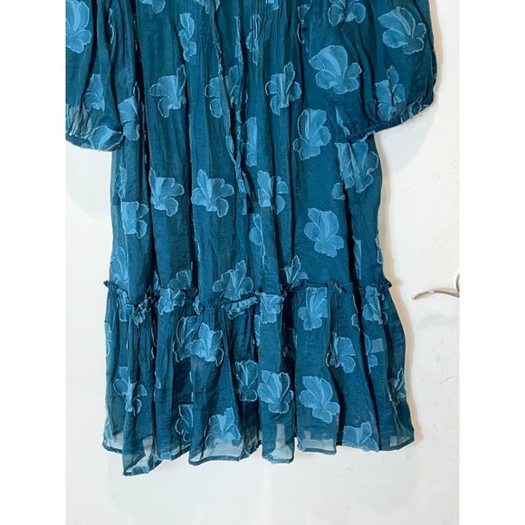 Sundance Teal Blue Floral Mini  Dress Boho Elegant Tie Neck Size Medium M Womwns - Picture 3 of 9